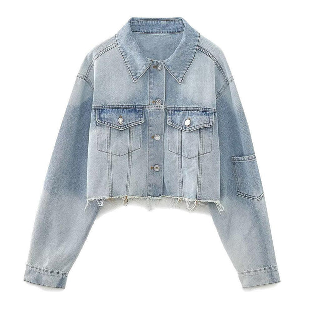 Autumn/Winter Denim Crop Jacket Women Vintage Long Sleeve Front Button Female Chic Coat - Sunny Side Store