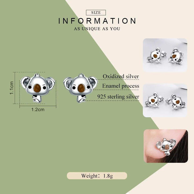 BAMOER Genuine 100% 925 Sterling Silver Animal Cute Koala Bear Stud Earrings for Women Sterling Silver Jewelry Gift SCE381 - Sunny Side Store