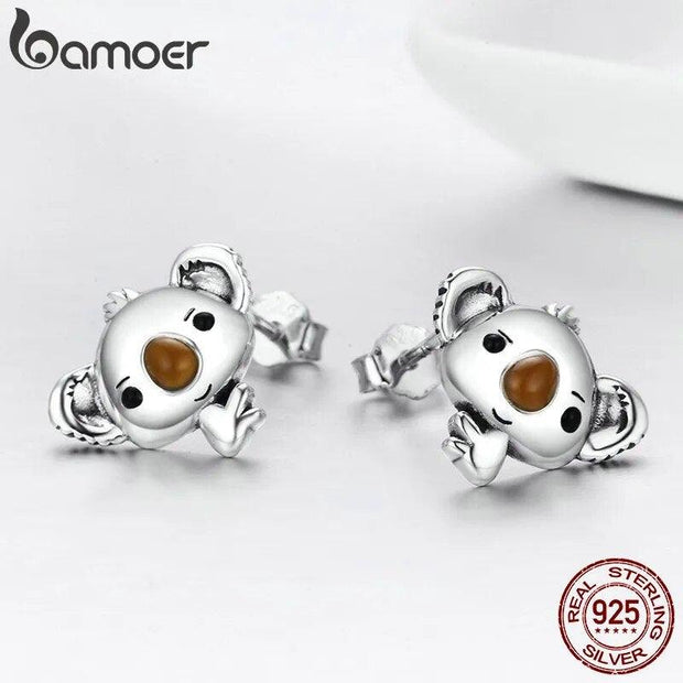 BAMOER Genuine 100% 925 Sterling Silver Animal Cute Koala Bear Stud Earrings for Women Sterling Silver Jewelry Gift SCE381 - Sunny Side Store