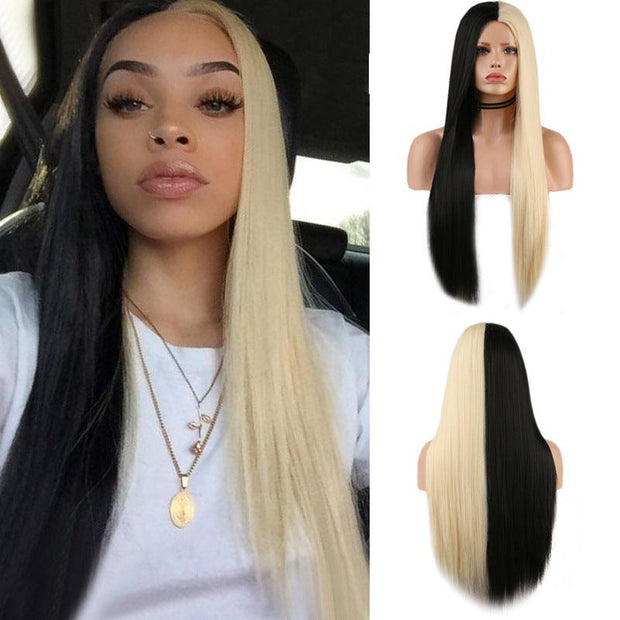 Black And White Two-tone Long Straight Hair High Temperature Silk Machine Wig - Sunny Side Store