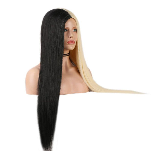 Black And White Two-tone Long Straight Hair High Temperature Silk Machine Wig - Sunny Side Store