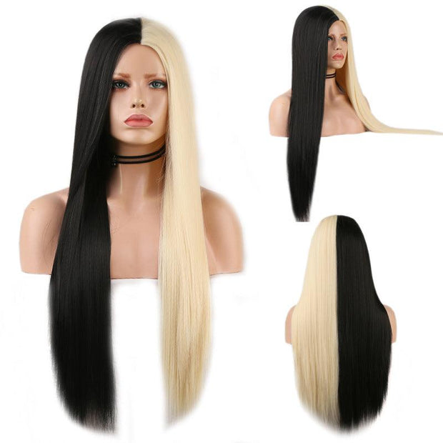 Black And White Two-tone Long Straight Hair High Temperature Silk Machine Wig - Sunny Side Store