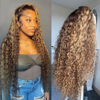 Blonde Highlight Ombre Curly Human Hair Wigs For Women Deep Water Wave Hd Transparent Wig Glueless 13x4 13x6 Lace Frontal Wig - Sunny Side Store