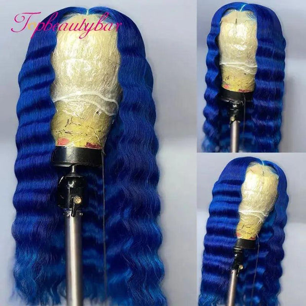 Blue Color 180 Density 13x4 Lace Front Wigs Remy Brazilian Human Hair Wigs Deep Wave Lace Wigs For Women - Sunny Side Store