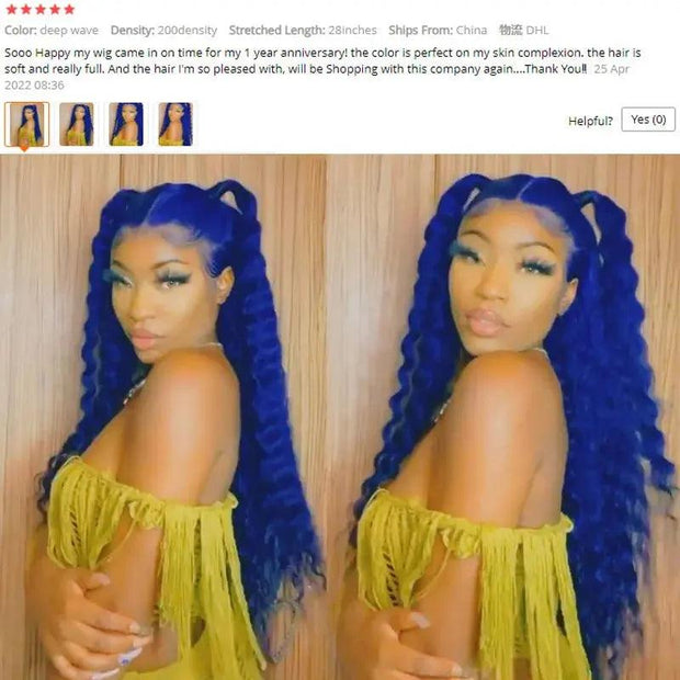 Blue Color 180 Density 13x4 Lace Front Wigs Remy Brazilian Human Hair Wigs Deep Wave Lace Wigs For Women - Sunny Side Store