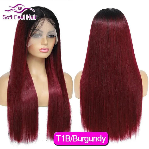 Burgundy 13x4 Lace Front Human Hair Wig Straight Lace Human Hair Wigs For Women 99J Red 4x4 Lace Closure Wig PrePlucked Hairline - Sunny Side Store