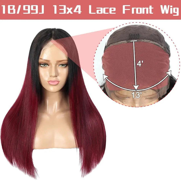 Burgundy 13x4 Lace Front Human Hair Wig Straight Lace Human Hair Wigs For Women 99J Red 4x4 Lace Closure Wig PrePlucked Hairline - Sunny Side Store