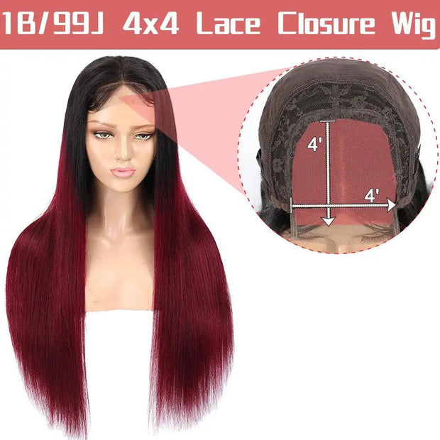 Burgundy 13x4 Lace Front Human Hair Wig Straight Lace Human Hair Wigs For Women 99J Red 4x4 Lace Closure Wig PrePlucked Hairline - Sunny Side Store