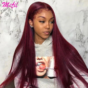 Burgundy 99J Straight Lace Front Wig For Women HD Transparent Lace Frontal Human Hair Wigs Pre Plucked Red Colored Brazilian Wig - Sunny Side Store