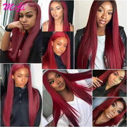 Burgundy 99J Straight Lace Front Wig For Women HD Transparent Lace Frontal Human Hair Wigs Pre Plucked Red Colored Brazilian Wig - Sunny Side Store