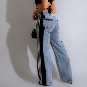 2024 Fashion Casual High Waist Elastic Straight Leg Trousers Three Stripe Patchwork Denim Wide Leg Pants Streetwear