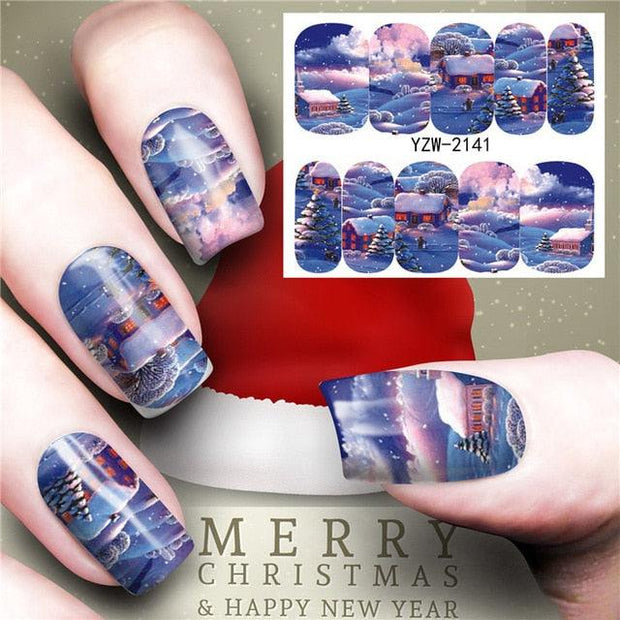 Christmas Water Nail Stickers Transfer Decals Sliders Snowman Deer Halloween Gel Polish Wraps Nail Decor - Sunny Side Store