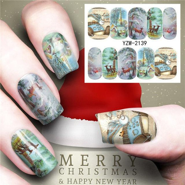 Christmas Water Nail Stickers Transfer Decals Sliders Snowman Deer Halloween Gel Polish Wraps Nail Decor - Sunny Side Store