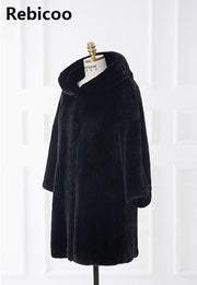 coat Europe and America autumn and winter imitation fur coat hoodies long section Slim imitation fur coat eprolo