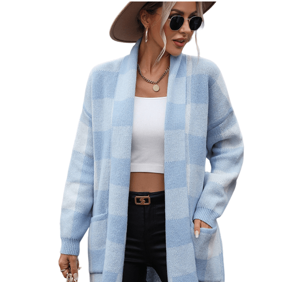 Coat Loose Plaid Contrast Knitted Cardigan Fashion Sweater for Women - Sunny Side Store