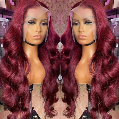 Colored Burgundy Lace Front Wig Pre Plucked 13X4 Hd Lace Frontal Wigs #99J Red Human Hair 30 Inch Body Wave Lace Front Wig - Sunny Side Store