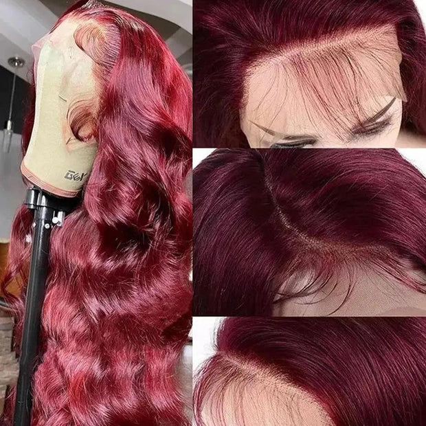 Colored Burgundy Lace Front Wig Pre Plucked 13X4 Hd Lace Frontal Wigs #99J Red Human Hair 30 Inch Body Wave Lace Front Wig - Sunny Side Store