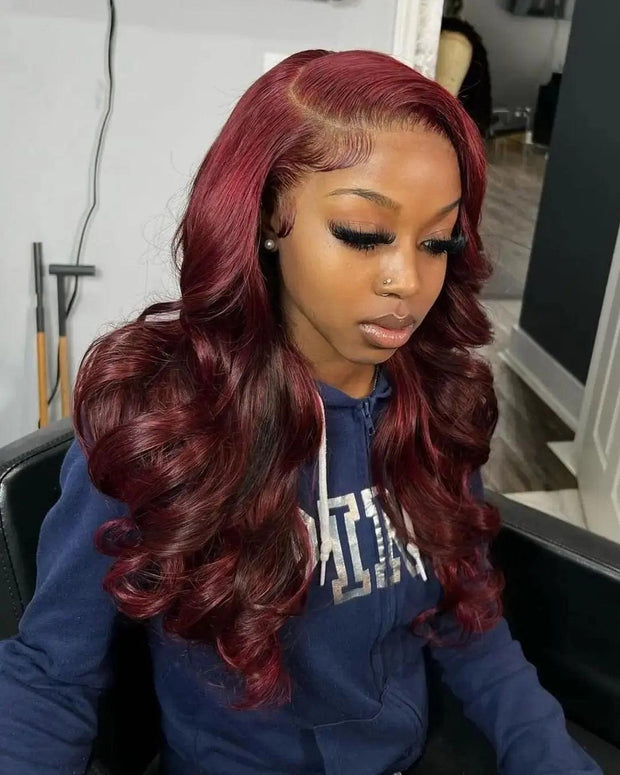 Colored Burgundy Lace Front Wig Pre Plucked 13X4 Hd Lace Frontal Wigs #99J Red Human Hair 30 Inch Body Wave Lace Front Wig - Sunny Side Store