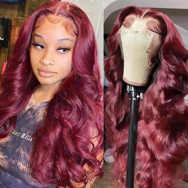 Colored Burgundy Lace Front Wig Pre Plucked 13X4 Hd Lace Frontal Wigs #99J Red Human Hair 30 Inch Body Wave Lace Front Wig - Sunny Side Store