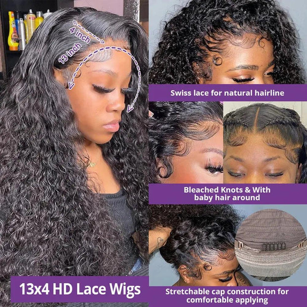 Deep Wave Lace Frontal Wig Curly Human Hair Wigs For Black Women 30 Inch Water Wave Full 13x4 360 HD Lace Frontal Human Hair Wig - Sunny Side Store