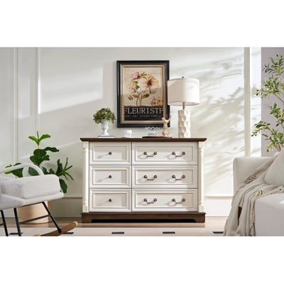 Farmhouse Style 6 Drawer Dresser Chest With Base Wooden Rustic Chest Of Drawers, Storage Dresser Organizer For Bedroom, Living Room, Beautiful Sturdy And Durable