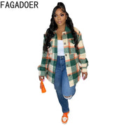 FAGADOER Autumn Winter Casual Plaid Printing Jackets Women Turndown Collar Button Long Sleeve Coats Female Matching Tops 2023 - Sunny Side Store