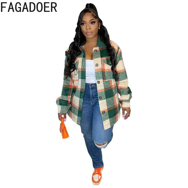 FAGADOER Autumn Winter Casual Plaid Printing Jackets Women Turndown Collar Button Long Sleeve Coats Female Matching Tops 2023 - Sunny Side Store