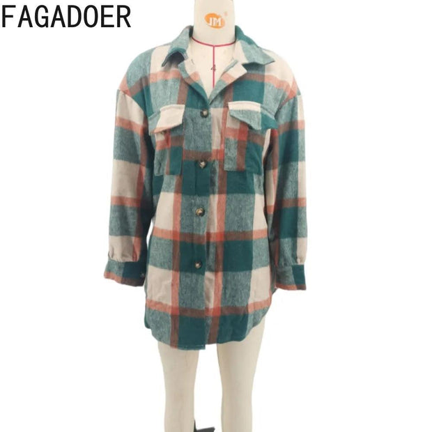 FAGADOER Autumn Winter Casual Plaid Printing Jackets Women Turndown Collar Button Long Sleeve Coats Female Matching Tops 2023 - Sunny Side Store