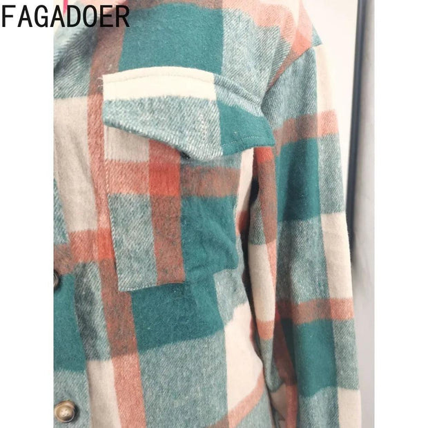 FAGADOER Autumn Winter Casual Plaid Printing Jackets Women Turndown Collar Button Long Sleeve Coats Female Matching Tops 2023 - Sunny Side Store