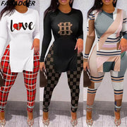 FAGADOER Fall Women Two Piece Sets Outfits Casual Print Side Slit Top And Skinny Pants Tracksuits Fashion Streetwear 2pcs Suits - Sunny Side Store