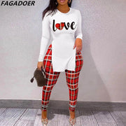 FAGADOER Fall Women Two Piece Sets Outfits Casual Print Side Slit Top And Skinny Pants Tracksuits Fashion Streetwear 2pcs Suits - Sunny Side Store