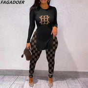 FAGADOER Fall Women Two Piece Sets Outfits Casual Print Side Slit Top And Skinny Pants Tracksuits Fashion Streetwear 2pcs Suits - Sunny Side Store