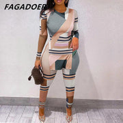 FAGADOER Fall Women Two Piece Sets Outfits Casual Print Side Slit Top And Skinny Pants Tracksuits Fashion Streetwear 2pcs Suits - Sunny Side Store