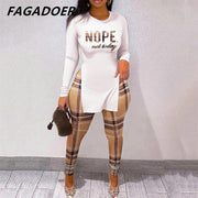 FAGADOER Fall Women Two Piece Sets Outfits Casual Print Side Slit Top And Skinny Pants Tracksuits Fashion Streetwear 2pcs Suits - Sunny Side Store