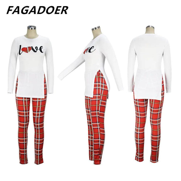 FAGADOER Fall Women Two Piece Sets Outfits Casual Print Side Slit Top And Skinny Pants Tracksuits Fashion Streetwear 2pcs Suits - Sunny Side Store