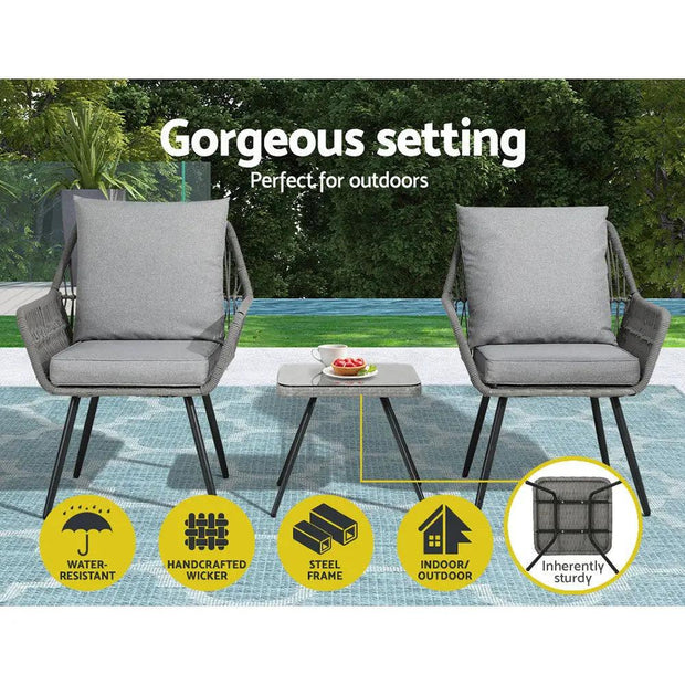 Gardeon Outdoor Furniture 3-Piece Lounge Setting Chairs Table Bistro Set Patio - Sunny Side Store