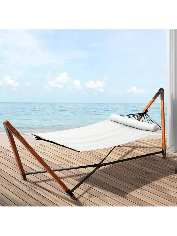 Gardeon Wooden Hammock Chair with Stand Linen Hammock Bed Timber Steel 200KG - Sunny Side Store