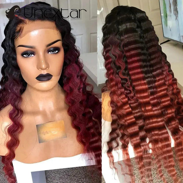 Gradient 13x4 Hd Lace Front Wig Ombre Deep Wave Human Hair 99j Red Burgundy Wig Female Remy Human Hair for Women - Sunny Side Store