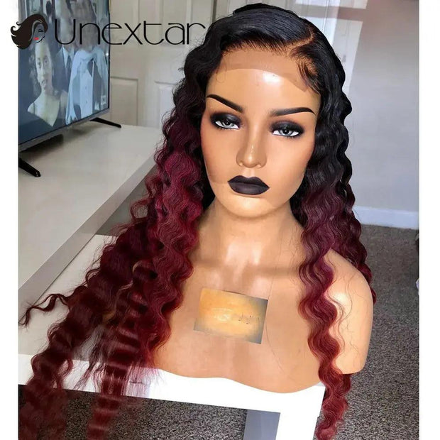 Gradient 13x4 Hd Lace Front Wig Ombre Deep Wave Human Hair 99j Red Burgundy Wig Female Remy Human Hair for Women - Sunny Side Store