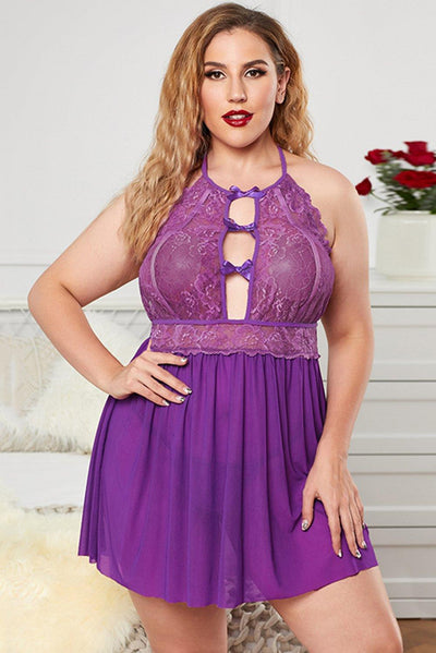 Halter Neck Lace Mesh Backless Plus Size Babydoll - Sunny Side Store