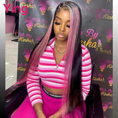 Highlight Pink Colord Transparent Lace 13X6 Lace Frontal Human Hair Wigs for Women Brazilian Straight Lace Front Wigs Remy 180% - Sunny Side Store