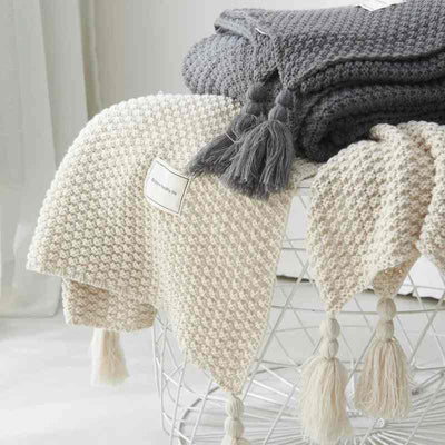 HOLAROOM Thread Blanket with Tassel Solid Beige Grey Coffee Throw Blanket for Bedroom Sofa Home Textile Fashion Knitted Blanket - Sunny Side Store