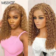 Honey Blonde Deep Curly Lace Front Wig Brazilian Remy Human Hair Wigs Brown Blonde Highlight Curly Short Bob Wig For Black Women - Sunny Side Store