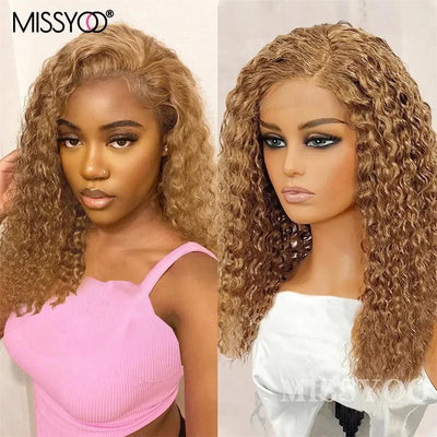 Honey Blonde Deep Curly Lace Front Wig Brazilian Remy Human Hair Wigs Brown Blonde Highlight Curly Short Bob Wig For Black Women - Sunny Side Store