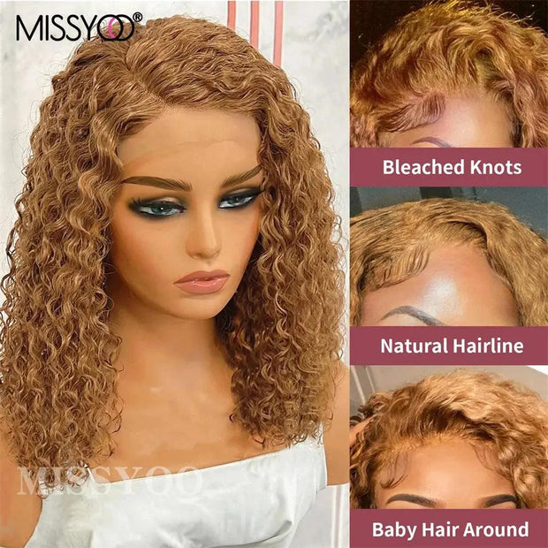 Honey Blonde Deep Curly Lace Front Wig Brazilian Remy Human Hair Wigs Brown Blonde Highlight Curly Short Bob Wig For Black Women - Sunny Side Store