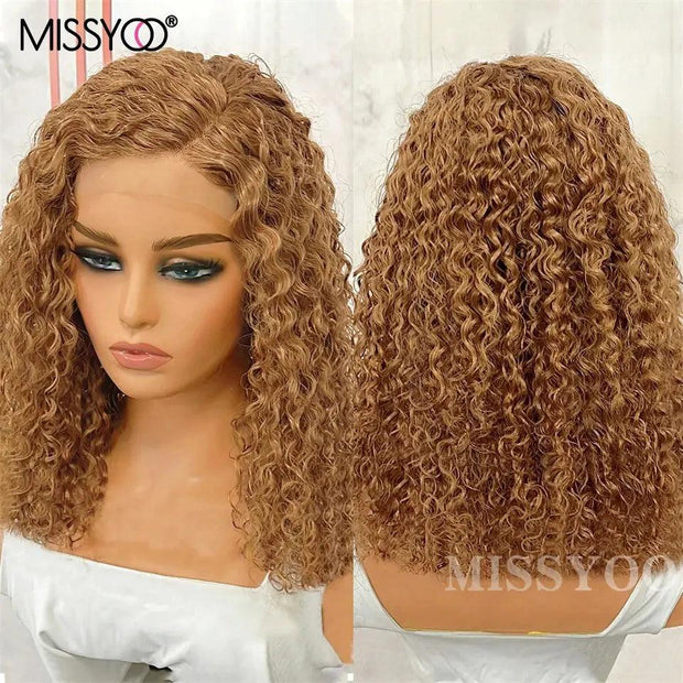 Honey Blonde Deep Curly Lace Front Wig Brazilian Remy Human Hair Wigs Brown Blonde Highlight Curly Short Bob Wig For Black Women - Sunny Side Store