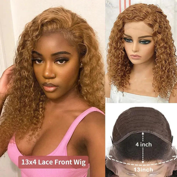 Honey Blonde Deep Curly Lace Front Wig Brazilian Remy Human Hair Wigs Brown Blonde Highlight Curly Short Bob Wig For Black Women - Sunny Side Store