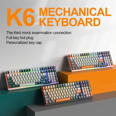 K6 Mechanical Keyboard Wireless 5.0 BT 2.4 Ghz Wired Three Modes Backlit Bluetooth Gamer Keyboard 100 Keys Keycaps Pc Gamer - Sunny Side Store