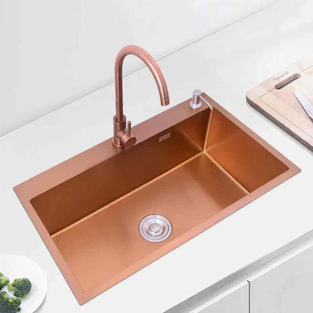 Kitchen 304 Stainless Steel Sink Nano Handmade Large Single Trough Platform Step Down Medium Basin Rose Gold Wash - Sunny Side Store