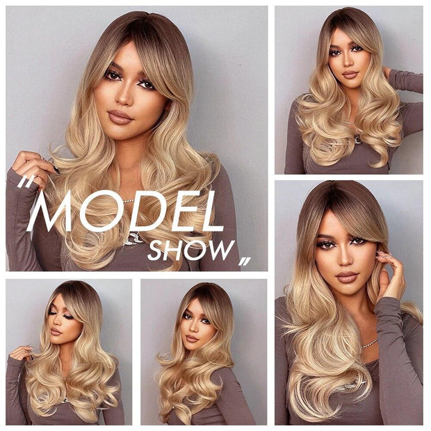 Long Light Ash Brown Blonde Natural Wavy Synthetic Wigs with Bangs Heat Resistant Fiber Daily Party Hair Cosplay Wigs for Women - Sunny Side Store Sunny Side Store  17.22